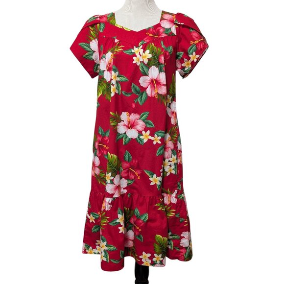 Hilo Hattie Vintage Womens Sz S Red Hibiscus Tropical Aloha Pocket Muumuu Dress - Picture 1 of 9